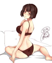 Rule 34 | 1girl, ass, bed, black bra, black panties, blush, bra, breasts, character name, check commentary, commentary, commentary request, full body, hand on own chest, hyuuga (kancolle), kantai collection, lace, lace bra, lace panties, large breasts, lingerie, looking back, open mouth, panties, rizzl, short hair, signature, simple background, sitting, underwear, underwear only, white background