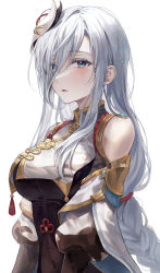 Rule 34 | 1girl, absurdres, blue eyes, blush, breast curtains, breasts, commentary, ekina (1217), genshin impact, gold trim, grey hair, hair ornament, hair over one eye, highres, lips, long hair, looking at viewer, medium breasts, parted lips, shenhe (genshin impact), simple background, sleeveless, solo, turtleneck, white background