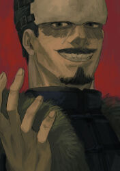 Rule 34 | 1boy, absurdres, black hair, facial hair, forehead protector, goatee, golden kamuy, grin, highres, looking at viewer, male focus, mustache, portrait, red background, scar, scar on face, short hair, smile, solo, teeth, tsurumi tokushirou, xi hsi