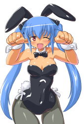 Rule 34 | 10s, 1girl, animal ears, armpits, bad id, bad pixiv id, bare shoulders, blue hair, blush, bow, bowtie, breasts, busou shinki, cleavage, dd (ijigendd), detached collar, fake animal ears, fang, hair ornament, large breasts, leotard, long hair, one eye closed, open mouth, pantyhose, playboy bunny, pointy ears, rabbit ears, rabbit tail, red eyes, simple background, solo, strarf, tail, twintails, very long hair, wide hips, wink, wrist cuffs