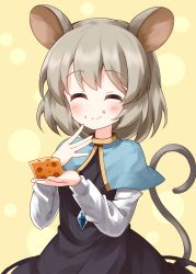 Rule 34 | 1girl, ^ ^, animal ears, blue capelet, capelet, cheese, closed eyes, closed mouth, cowboy shot, dotted background, dress, food, food on face, grey dress, grey hair, highres, holding, holding food, jewelry, long sleeves, mouse ears, mouse tail, nazrin, pendant, ruu (tksymkw), short hair, simple background, smile, solo, standing, tail, touhou, white sleeves, yellow background