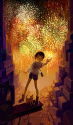 Rule 34 | 1girl, aerial fireworks, brown hair, building, cable, canteen, cat, city, cityscape, construction, cup, denim, denim shorts, drinking glass, closed eyes, fireworks, glass, highres, holding, holding cup, i-beam, leaning, leaning back, loose shirt, maij, night, night sky, original, outdoors, scenery, shirt, shoes, short hair, shorts, sky, skyscraper, smile, sneakers, solo, spilling, standing, t-shirt, toasting (gesture), wire