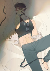 Rule 34 | 1boy, abs, arknights, black tank top, dry illust, earrings, flamebringer (casual vacation) (arknights), foot out of frame, highres, jewelry, knee up, looking at viewer, lying, male focus, midriff, navel, official alternate costume, on back, open clothes, open shirt, orange eyes, pants, pectoral cleavage, pectorals, pointy ears, shadow, short hair, smile, solo, stomach, sunglasses, sunlight, tank top, toned, toned male