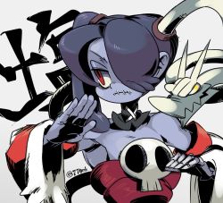 Rule 34 | 1girl, 770mk, blue hair, blue skin, colored skin, detached collar, exposed bone, frown, grey background, leviathan (skullgirls), red eyes, side ponytail, skeleton, skullgirls, solo, squigly (skullgirls), stitched mouth, stitches, white background, zombie