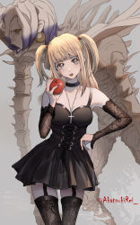 Rule 34 | 2girls, amane misa, blonde hair, brown eyes, choker, death note, earrings, food, fruit, gothic lolita, highres, holding, holding food, holding fruit, jewelry, lolita fashion, looking at viewer, multiple girls, open mouth, rei1028, rem (death note), twintails