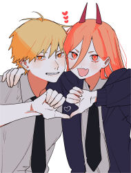 Rule 34 | 1boy, 1girl, absurdres, arm around shoulder, black necktie, blonde hair, blue jacket, chainsaw man, commentary request, cross-shaped pupils, denji (chainsaw man), fang, grin, gurukousu, hair between eyes, hand on another&#039;s shoulder, heart, heart hands, heart hands duo, highres, horns, jacket, necktie, orange eyes, orange hair, power (chainsaw man), red horns, sharp teeth, skin fang, smile, symbol-shaped pupils, teeth