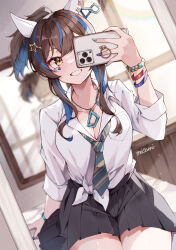 Rule 34 | 1girl, absurdres, animal ears, black skirt, blue hair, blurry, blurry background, blush, breasts, brown hair, cellphone, cleavage, collarbone, commentary request, daitaku helios (umamusume), ear covers, highres, holding, holding phone, horse ears, horse girl, jewelry, long sleeves, looking at viewer, medium breasts, mirror, misoni (mi so ni t), multicolored hair, necklace, necktie, phone, pleated skirt, school uniform, selfie, shirt, short hair, sitting, skirt, smile, solo, striped necktie, thighs, tied shirt, two-tone hair, umamusume, white hair, white shirt, yellow eyes