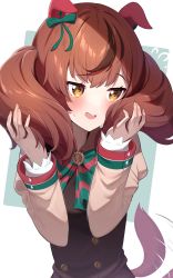 Rule 34 | 1girl, absurdres, animal ears, bad id, bad pixiv id, blush, bow, bowtie, brown hair, ear bow, ear covers, ear ribbon, green bow, highres, holding, holding own hair, horse ears, horse girl, horse tail, looking away, multicolored hair, nice nature (umamusume), solo, streaked hair, sweat, tail, tail wagging, takom, twintails, umamusume, yellow eyes