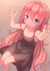 Rule 34 | 1girl, arms up, bare arms, black dress, blue eyes, blush, breasts, brown background, child, collarbone, curly hair, dress, feet out of frame, from above, furrowed brow, hair between eyes, highres, knees together feet apart, long hair, looking at viewer, looking up, maka neko, messy hair, original, outstretched hand, parted lips, pink hair, short dress, simple background, sleeveless, sleeveless dress, small breasts, solo, swept bangs, very long hair, wavy hair
