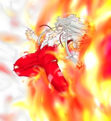 Rule 34 | 1girl, bow, breasts, cleavage, clenched teeth, female focus, fire, fujiwara no mokou, hair bow, long hair, long sleeves, looking at viewer, medium breasts, multi-tied hair, no bra, ofuda, pants, red eyes, red pants, shirt, silver hair, solo, suspenders, teeth, torn clothes, torn pants, torn shirt, touhou, versapro, very long hair, white bow, white shirt