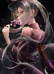 Rule 34 | 1girl, black background, branch, cherry blossoms, commentary, covering own mouth, falling petals, floating hair, flower, flower over mouth, green hair, half-closed eyes, hat, hatsune miku, holding, holding branch, jacket, japanese clothes, jiao fulun, long hair, looking at viewer, looking back, military, military hat, military uniform, petals, purple hat, purple jacket, red eyes, senbon-zakura (vocaloid), solo, uniform, upper body, very long hair, vocaloid, wide sleeves