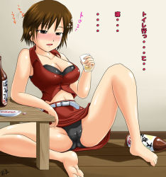 Rule 34 | 1girl, alcohol, black panties, blush, breasts, brown eyes, brown hair, cameltoe, cleavage, cleft of venus, drunk, have to pee, hiccup, homare (suzu no oka), large breasts, meiko (vocaloid), midriff, navel, panties, pantyshot, pencil skirt, skirt, solo, spread legs, translated, underwear, upskirt, vocaloid
