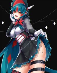 Rule 34 | 1girl, alternate color, bad id, bad twitter id, belt, belt buckle, black background, black belt, black skirt, blue hair, breasts, buckle, clothes lift, creatures (company), decidueye, game freak, gen 7 pokemon, gloves, hime (ohime pkg), legs apart, lifting own clothes, medium breasts, miniskirt, multicolored hair, nintendo, orange eyes, personification, pokemon, pokemon sm, red hair, shiny pokemon, short hair, skindentation, skirt, skirt lift, solo, standing, streaked hair, taut clothes, thigh strap, two-tone hair, white gloves