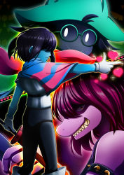 Rule 34 | 1boy, 1girl, 1other, absurdres, armlet, blue skin, capelet, colored skin, deltarune, glasses, green hat, hair over eyes, hat, heart, highres, holding, holding sword, holding weapon, konsu (konsu1182da), kris (deltarune), pink scarf, pink skin, pointing, profile, ralsei, scarf, spiked armlet, standing, susie (deltarune), sword, teeth, weapon, yellow eyes