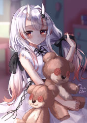 Rule 34 | 1girl, absurdres, blush, dress, highres, hololive, horns, long hair, looking at viewer, low twintails, nakiri ayame, pooh 1140920, red eyes, ribbon, skin-covered horns, sleeveless, sleeveless dress, solo, stuffed animal, stuffed toy, sundress, teddy bear, twintails, virtual youtuber, white dress, white hair