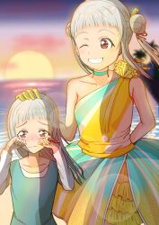 2girls ;d absurdres aged_down aqua_dress arashi_chisato arched_bangs arm_behind_back blurry blurry_background blush collarbone commentary_request double_bun dress dual_persona frilled_dress frills gloves grin hair_bun hand_on_another&#039;s_head headpat highres litecolors_radi long_hair looking_at_another love_live! love_live!_superstar!! multiple_girls nose_blush one_eye_closed open_mouth orange_dress red_eyes single-shoulder_dress single_bare_shoulder sleeveless sleeveless_dress smile sunset tears time_paradox tokonatsu_sunshine twintails white_hair wiping_tears yellow_gloves