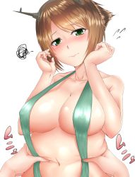 Rule 34 | 10s, 1girl, ajifurai, alternate costume, belly grab, bikini, breasts, brown hair, covered erect nipples, curvy, deep skin, embarrassed, fat, green bikini, green one-piece swimsuit, green slingshot swimsuit, hands on own face, highres, kantai collection, large breasts, mutsu (kancolle), navel, one-piece swimsuit, short hair, slingshot swimsuit, solo, swimsuit