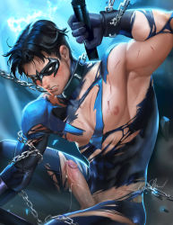 Rule 34 | 1boy, abs, batman (series), black hair, bodysuit, chain, dc comics, dick grayson, domino mask, erection, escrima stick, gloves, gradient background, highres, male focus, mask, nightwing, penis, sakimichan, short hair, skin tight, solo, toned, torn clothes, uncensored, watermark