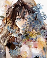 Rule 34 | 1girl, black shirt, blue eyes, blue flower, blue leaf, brown hair, commentary, flower, highres, leaf, long hair, looking at viewer, niwa haruki, one eye covered, original, pink flower, shirt, simple background, sleeveless, solo, standing, symbol-only commentary, upper body, watercolor effect, white background