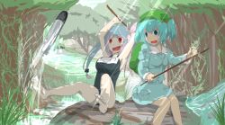 Rule 34 | 10s, 2girls, armpits, bare legs, barefoot, blue eyes, blue hair, character name, crossover, e  mishi, fishing, fishing rod, forest, grass, hair bobbles, hair ornament, hair ribbon, hat, i-19 (kancolle), kantai collection, kawashiro nitori, looking to the side, multiple girls, nature, open mouth, outdoors, red eyes, ribbon, rock, school swimsuit, sitting, sitting on rock, sketch, skirt, skirt set, stream, swimsuit, torpedo, touhou, twintails, two side up
