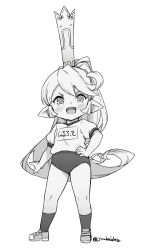 Rule 34 | 1girl, :d, alternate costume, blush, buruma, charlotta (granblue fantasy), commentary, crown, female focus, full body, granblue fantasy, greyscale, gym uniform, hand on own hip, harvin, jingai modoki, legs apart, long hair, looking at viewer, monochrome, name tag, open mouth, pointy ears, ponytail, short sleeves, simple background, smile, solo, standing, straight-on, tall crown, twitter username, very long hair