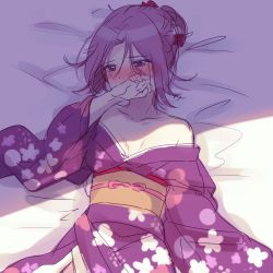 Rule 34 | 1girl, absurdres, bad id, bad pixiv id, bare shoulders, bed sheet, blush, braid, breasts, collarbone, covered mouth, floral print, flower, hair bun, hair flower, hair ornament, highres, ichiren namiro, japanese clothes, jun (princess connect!), kimono, long sleeves, looking away, looking to the side, lying, nose blush, obi, off shoulder, on back, parted bangs, princess connect!, print kimono, purple eyes, purple hair, purple kimono, red flower, sash, single hair bun, sketch, small breasts, solo, wide sleeves