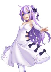 Rule 34 | 1girl, :d, azur lane, bare shoulders, black bow, blush, bow, breasts, detached sleeves, dress, hair between eyes, head tilt, highres, kuro emimi, long hair, one side up, open mouth, purple hair, simple background, sleeves past wrists, small breasts, smile, solo, standing, unicorn (azur lane), very long hair, white background, white dress, white legwear
