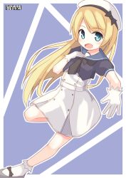 Rule 34 | 1girl, artist logo, beret, blonde hair, blue eyes, blue sailor collar, dress, full body, gloves, hat, highres, jervis (kancolle), kantai collection, long hair, looking at viewer, mary janes, open mouth, pepatiku, sailor collar, sailor dress, sailor hat, shoes, short sleeves, smile, socks, solo, white dress, white gloves, white hat