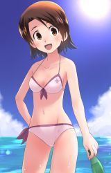 Rule 34 | 1girl, :d, bikini, blue sky, bottle, breasts, brown eyes, brown hair, cleavage, cloud, cloudy sky, commentary request, cowboy shot, day, front-tie bikini top, front-tie top, girls und panzer, groin, hand on own hip, highres, holding, holding bottle, horizon, looking at viewer, medium breasts, navel, ocean, open mouth, osamada meika, outdoors, parted bangs, purple bikini, sawa azusa, shiny skin, short hair, sky, smile, solo, standing, sun, swimsuit