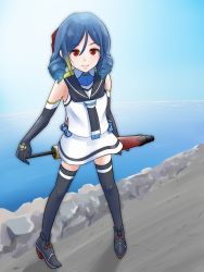 Rule 34 | 1girl, alternate hair color, black gloves, black neckerchief, black sailor collar, black thighhighs, blue hair, bow, closed umbrella, commentary request, cosplay, drill hair, elbow gloves, full body, gloves, hair bow, harukaze (kancolle), hashijiro kou, highres, kantai collection, looking at viewer, neckerchief, oil-paper umbrella, red bow, red eyes, red umbrella, sailor collar, samidare (kancolle), samidare (kancolle) (cosplay), school uniform, serafuku, shirt, sleeveless, sleeveless shirt, solo, thighhighs, twin drills, umbrella