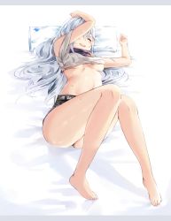 Rule 34 | 1girl, arm on own head, ass, bare legs, bed, bed sheet, belt, blush, breasts, camouflage, cherim, clothing cutout, g11 (girls&#039; frontline), girls&#039; frontline, hair between eyes, highres, knees together feet apart, knees up, long hair, lying, medium breasts, navel, no bra, on back, open mouth, pillow, scarf, shirt, shirt rolled up, shorts, shoulder cutout, silver hair, skindentation, smile, solo, stomach, sweat, thighs, underboob, very long hair