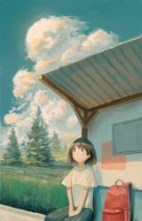 Rule 34 | 1girl, backpack, bag, black eyes, black hair, black skirt, blue sky, bright pupils, bus stop, cloud, day, expressionless, fjsmu, hair ornament, hairclip, hands on lap, highres, looking up, mountain, original, outdoors, own hands together, scenery, shirt, short hair, short sleeves, sitting, skirt, sky, solo, unworn backpack, unworn bag, white pupils, white shirt