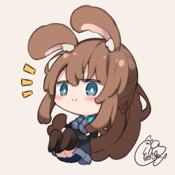 Rule 34 | 1girl, amiya (arknights), animal ear fluff, animal ears, arknights, beni shake, black jacket, blue eyes, blue skirt, blush, brown background, brown hair, brown thighhighs, chibi, closed mouth, commentary, crossed arms, full body, hair between eyes, jacket, long hair, long sleeves, no shoes, notice lines, open clothes, open jacket, pleated skirt, ponytail, rabbit ears, signature, simple background, skirt, smile, solo, thighhighs, very long hair