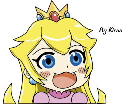 Rule 34 | 1girl, :3, :d, artist name, blonde hair, blue eyes, blush, blush stickers, chibi, commentary, crown, dot nose, dress, earrings, english text, eyebrows, fang, fang out, fangs, gem, gyate gyate, hair ornament, highres, jewelry, kiros, long hair, mario (series), meme, nintendo, open mouth, princess peach, purple dress, signature, smile, solo, teeth, white background