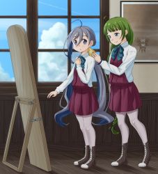Rule 34 | 10s, 2girls, adjusting another&#039;s clothes, ahoge, blue bow, blue bowtie, blue eyes, blue hair, boots, bow, bowtie, braid, cloud, commentary request, cross-laced footwear, day, drawing (object), dress, green hair, grey eyes, grey hair, grey legwear, hair between eyes, highres, houraijin, indoors, kantai collection, kiyoshimo (kancolle), lace-up boots, long hair, low twintails, mole, mole under mouth, multicolored hair, multiple girls, musashi (kancolle), pantyhose, picture frame, school uniform, shirt, sky, sleeveless, sleeveless dress, smile, twintails, very long hair, white shirt, window, wooden floor, yuugumo (kancolle)