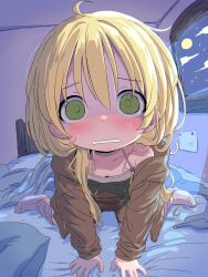 Rule 34 | 1girl, absurdres, all fours, blanket, blonde hair, blush, brown jacket, child, full moon, green eyes, green pupils, highres, indoors, jacket, long hair, looking at viewer, made in abyss, moon, night, night sky, on bed, pillow, riko (made in abyss), scared, sekaineko 001, sky, socks, solo, star (sky), sweat, window