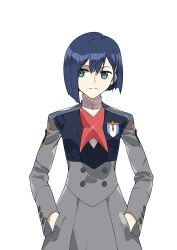Rule 34 | 1girl, blue hair, buttons, closed mouth, collar, commentary request, dark blue hair, darling in the franxx, green eyes, hair between eyes, hands in pockets, ichigo (darling in the franxx), inxst, long sleeves, looking to the side, medium hair, military, military uniform, short hair, simple background, solo, standing, uniform, upper body, white background