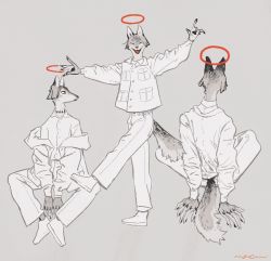 Rule 34 | 1boy, animal ears, animal hands, body fur, claws, coat, collared coat, collared shirt, cross, facing away, furry, furry male, grey background, grey fur, halo, highres, jack, jacket, looking at viewer, looking to the side, multiple views, nagabe, original, pants, pocket, red halo, shirt, shirt tucked in, slit pupils, stitches, tail, unworn jacket, white footwear, white jacket, white pants, white shirt, wolf boy, wolf ears, wolf tail