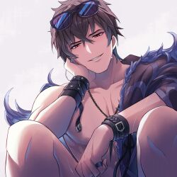 Rule 34 | 1boy, belial (granblue fantasy), belial (summer) (granblue fantasy), black hair, black jacket, eyewear on head, feather boa, granblue fantasy, highres, jacket, jewelry, kishire0324, male focus, necklace, official alternate costume, open clothes, open jacket, ring, short hair, simple background, smile, solo, sunglasses, wet, wet hair, white background, wristband