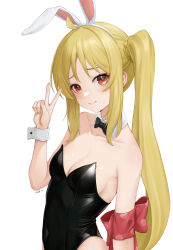 Rule 34 | 1girl, absurdres, ahoge, animal ears, bare shoulders, black bow, black bowtie, black leotard, blonde hair, bocchi the rock!, bow, bowtie, breasts, cleavage, collarbone, detached collar, fake animal ears, hand up, highres, ijichi nijika, leotard, long hair, looking at viewer, medium breasts, playboy bunny, polka dot, polka dot bow, rabbit ears, red bow, red eyes, side ponytail, sidelocks, simple background, solo, strapless, strapless leotard, sweatdrop, v, white background, white wrist cuffs, wish-tf, wrist cuffs