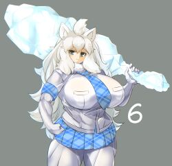 Rule 34 | 1girl, :3, animal ear fluff, animal ears, blue necktie, blue skirt, blush, breasts, closed mouth, commentary request, cowboy shot, elbow gloves, fur collar, gloves, grey background, grey eyes, highres, huge breasts, ice, kemono friends, lets0020, lion ears, lion girl, long hair, looking at viewer, medium bangs, muscular, muscular female, necktie, pantyhose, plaid, plaid necktie, plaid skirt, shirt, simple background, skirt, smile, solo, very long hair, white gloves, white hair, white lion (kemono friends), white pantyhose, white shirt