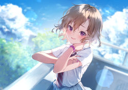 Rule 34 | 1girl, blue sky, blurry, blurry background, brown hair, cloud, commentary request, day, fang, grey skirt, harui (hr x9 ), highres, lens flare, looking at viewer, nail polish, necktie, open mouth, original, outdoors, pleated skirt, purple eyes, red necktie, rooftop, school uniform, scrunchie, shirt, short hair, short sleeves, skirt, sky, smile, solo, standing, tree, upper body, white shirt, wrist scrunchie