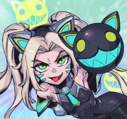 Rule 34 | 1girl, animal ears, bare shoulders, battle cat jinx, black leotard, black pantyhose, blonde hair, breasts, cat ears, covered collarbone, facial mark, fake animal ears, green eyes, grin, jinx (league of legends), league of legends, leotard, long hair, pantyhose, parted bangs, phantom ix row, sharp teeth, small breasts, smile, solo, teeth, tongue, tongue out, twintails