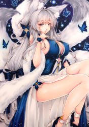 Rule 34 | 1girl, animal ear fluff, animal ears, ass, azur lane, blue butterfly, blue collar, blue dress, blue flower, breasts, bug, butterfly, center opening, cleavage, collar, covered erect nipples, dress, evening gown, feather boa, finger to mouth, floating, flower, fox ears, fox girl, halter dress, halterneck, high heels, highres, huge breasts, insect, kitsune, kyuubi, large tail, long hair, looking at viewer, low-tied long hair, mktr (princess mktr), multiple tails, shinano (azur lane), shinano (dreams of the hazy moon) (azur lane), sideboob, sitting, sleeveless, sleeveless dress, solo, tail, traditional media, very long hair, white footwear, white hair, white tail, wrist flower