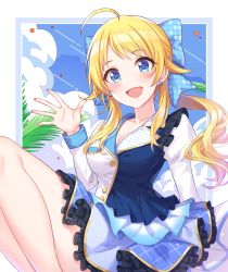 Rule 34 | 1girl, ahoge, blonde hair, blue bow, blue dress, blue eyes, blush, bow, breasts, cleavage, collarbone, dress, earrings, hachimiya meguru, hair bow, idolmaster, idolmaster shiny colors, jewelry, large breasts, long hair, long sleeves, looking at viewer, open mouth, ponytail, smile, solo, two-tone dress, white dress, yuuhi (ages)