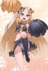 Rule 34 | 1girl, abigail williams (fate), black bow, black footwear, black shirt, black skirt, blonde hair, blue eyes, blush, boots, bow, breasts, cheerleader, clothing cutout, crop top, fate/grand order, fate (series), forehead, galbany (tsgororin), grey panties, hair bow, highres, knee boots, long hair, looking at viewer, midriff, miniskirt, open mouth, orange bow, panties, parted bangs, pom pom (cheerleading), shirt, short sleeves, shoulder cutout, skirt, small breasts, smile, solo, sparkle, thighs, underwear