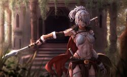 Rule 34 | 1girl, absurdres, bandaged arm, bandages, breasts, earrings, female focus, hair over one eye, highres, jewelry, long hair, looking at viewer, medium breasts, original, outdoors, solo, standing, tagme, warrior, weapon, white hair, yellow eyes