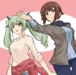 Rule 34 | 10s, 2girls, anchovy (girls und panzer), black ribbon, black scarf, blue pants, blue shirt, brown eyes, brown hair, casual, clothes around waist, commentary request, drill hair, dutch angle, girls und panzer, green hair, grey jacket, hair ribbon, highres, hoshikawa (hoshikawa gusuku), jacket, long hair, long sleeves, looking at viewer, multiple girls, nishizumi maho, open clothes, open jacket, open mouth, pants, petals, pink shirt, red eyes, red sweater, ribbon, scarf, shirt, short hair, sleeves rolled up, smile, standing, sweater, sweater around waist, twin drills, twintails, v-neck