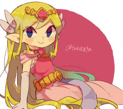 Rule 34 | 1girl, artist name, belt, blonde hair, blue eyes, blush, commentary request, dress, floating hair, full body, gloves, grey gloves, hair ornament, highres, holding, jewelry, long hair, multicolored hair, necklace, nintendo, pink dress, pointy ears, princess zelda, simple background, sitting, skirt, skirt hold, smile, solo, the legend of zelda, the legend of zelda: the wind waker, tiara, tokuura, toon zelda