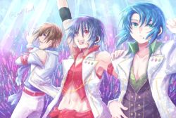 Rule 34 | 3boys, arm up, athrun zala, belt, blue hair, brown hair, clothing cutout, collarbone, crop top, green eyes, gundam, hand in own hair, hand on another&#039;s shoulder, jacket, kira yamato, male focus, microphone, midriff, multicolored hair, multiple boys, navel, open clothes, open jacket, pants, parted lips, purple eyes, purple hair, shinn asuka, shoulder cutout, sleeveless, sleeveless jacket, stage, stomach, twitter username, two-tone hair, white jacket, white pants, wing collar, yuuka seisen